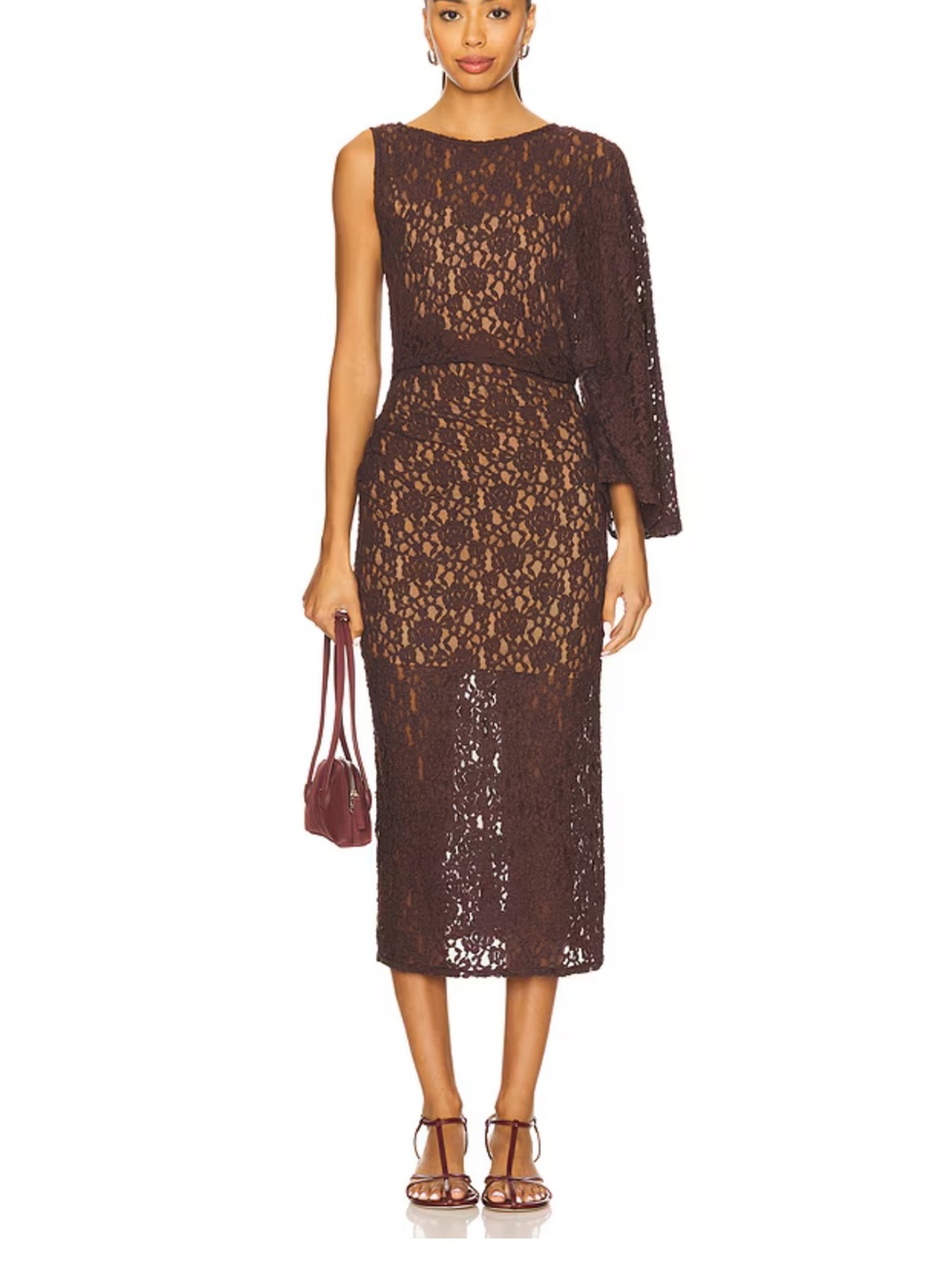 L’Academie Lace Overlay chocolate brown one shoulder dress